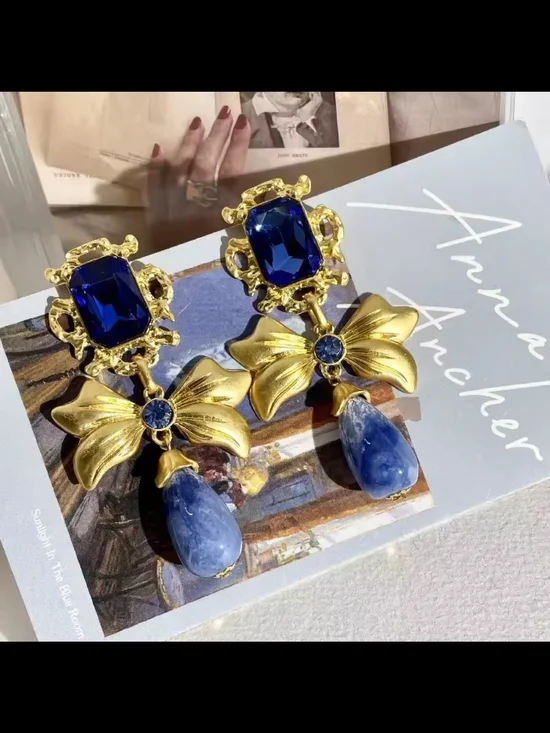 Gold-Tone Earrings with Royal Blue and Cornflower Drop - Picture 6 of 12
